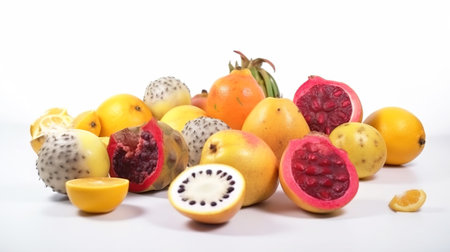 Assortment of exotic tropical fruits isolated on white background. Bananas, passion fruit, pineapple, papaya, mango, sweet dessert with vitamins. AI generated.の素材