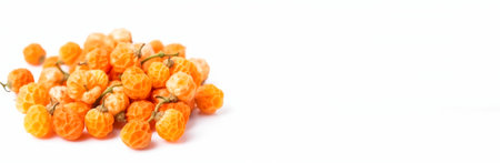 Fresh dessert cloudberry, isolate on white background. Macro studio shot. Useful berry, dietary vitamin. AI generated. Header banner mockup with space.の素材