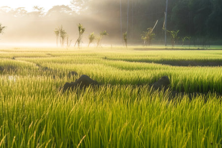 Rice field in the morning sun. Farming with natural ecological vegetables. Healthy useful products. AI generated.の素材
