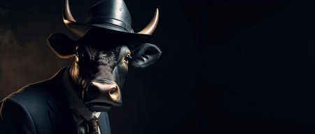 Animal horned bull in cowboy hat gentleman and boss. Fantasy fantasy illustration. AI generated. Header banner mockup with space.の素材