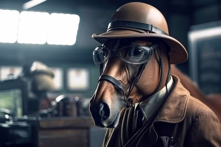 Bay beautiful horse in a hat, suit and tie, gentleman and boss. Fantasy fantasy illustration. AI generated.の素材