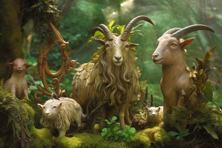 Forest deities mythological goats with horns, creature from legends. Stone sculpture on a pedestal in a museum at an exhibition. AI generated.の素材