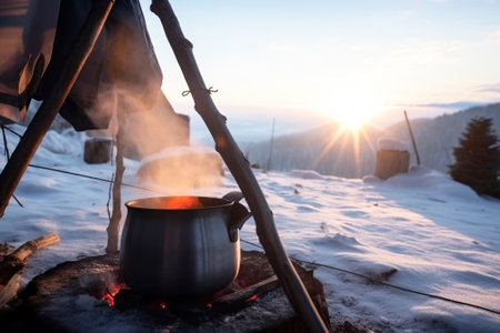 A tent in the snowy mountains with a fire and a pot from which steam comes from food. Camping in nature, active tourism. AI generated.の素材