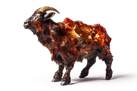 Wild rocky goat in stones on a white background of gems, isolate. Animals in nature, sculpture. AI generated.の素材