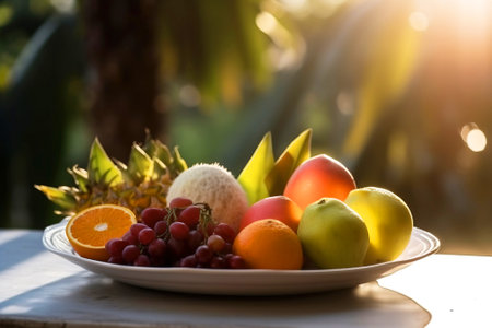 Plate of exotic tropical fruits including pitaya, pineapple, mango, coconut, Guajava, Passion fruit, Passiflora, Kiwano Melon, manadrin, orange, lemon, wood apple Vitamins healthy food AI generatedの素材