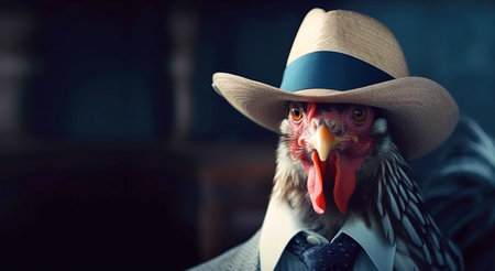 Rooster gentleman in a suit, tie, hat and glasses on a black background. A scientist rooster from a fatal fantasy. AI generated. Header banner mockup with space.の素材