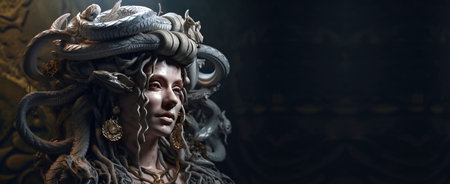 Gorgon Medusa is a mythological woman, a creature from legends. Stone sculpture on a pedestal in a museum at an exhibition. AI generated. Header banner mockup with space.の素材