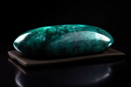 Jade is a rare precious natural geological stone eremite on a black background in low key. Fashionable jewelry elegant decoration. AI generated.の素材