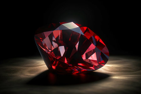 Red diamond is a rare precious natural geological stone on a black background in low key. Fashionable jewelry elegant decoration. AI generated.の素材