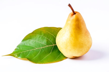 Ripe pear with a leaf, isolate on a white background. Macro studio shot. Sweet fruit, dietary vitamin. AI generated.の素材
