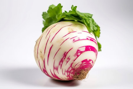 Fresh turnip with leaf, isolate on white background. Macro studio shot. Useful vegetable, dietary vitamin. AI generated.の素材