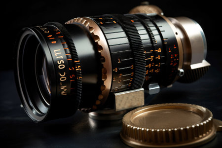 Camera lens with a lens on a black background, retro equipment. High-tech device for professionals. AI generated.の素材