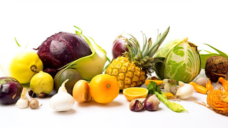 Assorted exotic tropical vegetables on white background isolate. Farm products for the store. Healthy food with vitamins. AI generated.の素材