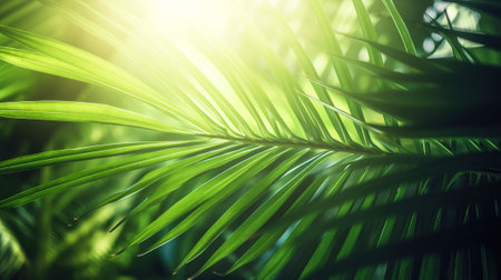 Background from palm green leaves. Tropical wallpaper. Ecological concept of forest protection. AI generated.の素材