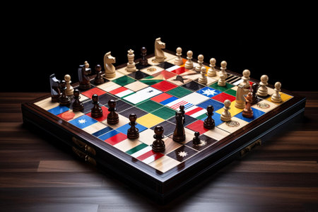 Political board intellectual game chess with country flags. Playing positions of countries. Wooden figures. Hobbies and mind development. AI generated.の素材