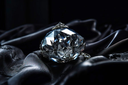 Platinum ring with an emerald gemstone on a cerne background. Jewelry luxury decoration. AI generated.の素材