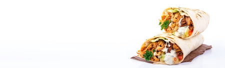 Fresh shawarma with chicken, cabbage, cheese and tomatoes, fresh sauces on a white background. Street food, fast food. AI generated. Header banner mockup with space.の素材