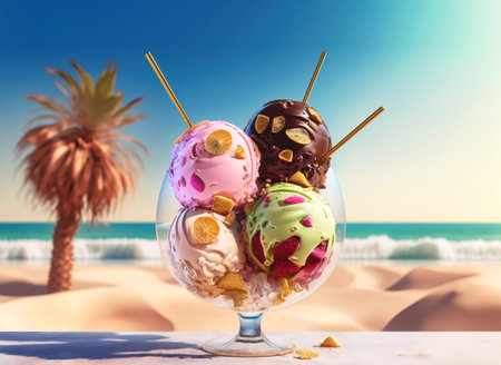 Dish with colored balls of ice cream with nuts and chocolate chips. Dessert made from milk and exotic fruits. AI generated.の素材