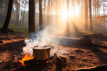 A tent in the forest in the summer by a fire with a pot from which steam comes from food. Camping in nature, active tourism. AI generated.の素材