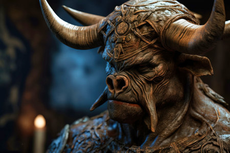 Minotaur mythological bull man with big horns, creature from legends. Stone sculpture on a pedestal in a museum at an exhibition. AI generated.の素材