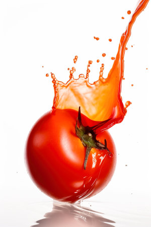 Splash with splatter from juice from a tomato on a white background. Vitamins, healthy food. Advertising wallpaper. AI generated.の素材