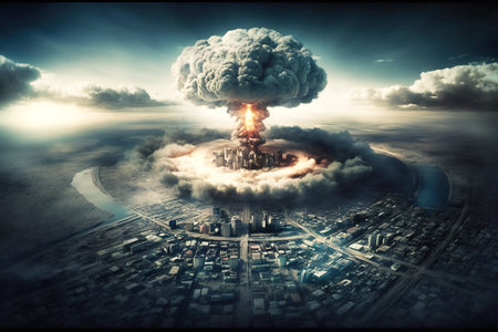 Nuclear, atomic explosion in the city, mass murder. War catastrophe, deadly aggression. Scientific military progress. AI generated.の素材