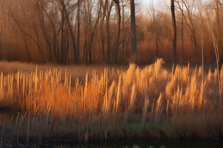 Reed field in the morning sun. Farming with natural ecological vegetables. Healthy useful products. AI generated.の素材