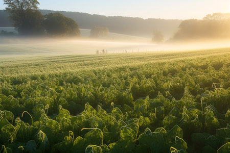 Pea field in the morning sun. Farming with natural ecological vegetables. Healthy useful products. AI generated.の素材