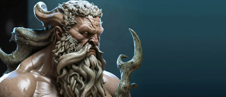 Triton with trident mythological man god of water, neptune, poseidon creature from legends. Stone sculpture on a pedestal in a museum at an exhibition. AI generated. Header banner mockup with spaceの素材