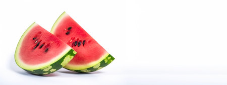 Group of slices of red fresh watermelon on a white background. Healthy food ecological product. Business wallpaper concept. Header banner mockup with space. AI generated.の素材