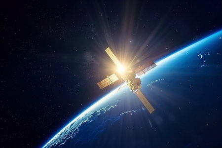 A satellite is flying in orbit around the planet Earth. Against the background of the planet and blue space in the rays of the sun. Scientific technologies. AI generated.の素材