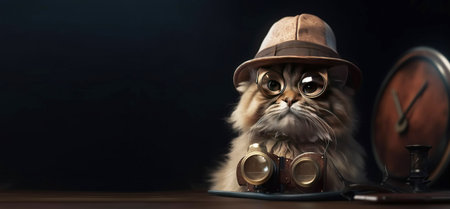 Cat gentleman in a suit, tie, hat and glasses on a black background. Scientist Cat from Fantastic Fantasy. AI generated. Header banner mockup with space.の素材