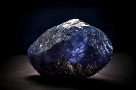 Benitoite is a rare precious natural geological stone on a black background in low key. Fashionable jewelry elegant decoration. AI generated. Header banner mockup with space.の素材