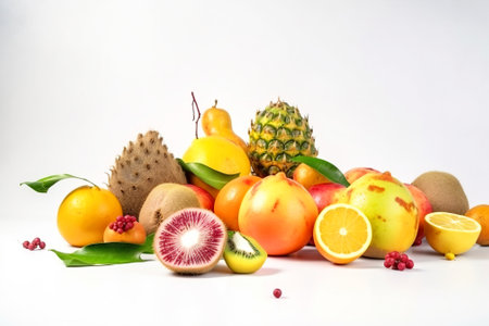 Assortment of exotic tropical fruits isolated on white background. Bananas, passion fruit, pineapple, papaya, mango, sweet dessert with vitamins. AI generated.の素材