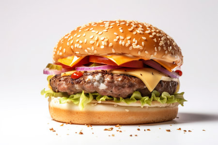 Delicious fresh burger with beef and pork cutlet, melted cheese and tomato and cucumber on a white background, isolate. Street fast food, fast food kitchen. AI generated.の素材