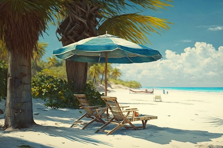 Deckchair with an umbrella on a tropical beach with palm trees near the sea or ocean for relaxation. Vacation travel to beautiful resorts. AI generated.の素材