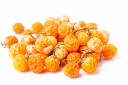 Fresh dessert cloudberry, isolate on white background. Macro studio shot. Useful berry, dietary vitamin. AI generated.の素材