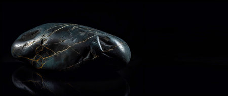 Musgravite is a rare precious natural geological stone on a black background in low key. Fashionable jewelry elegant decoration. AI generated. Header banner mockup with space.の素材