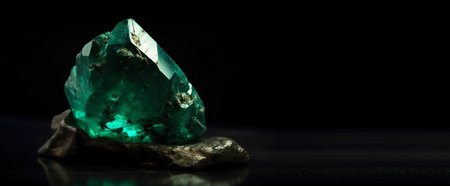 Emerald is a rare precious natural geological stone on a black background in low key. Fashionable jewelry elegant decoration. AI generated. Header banner mockup with space.の素材
