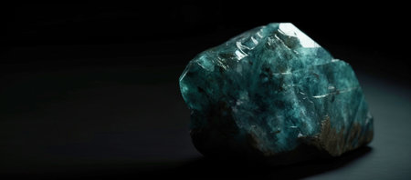 Grandidierite is a rare precious natural geological stone eremite on a black background in low key. Fashionable jewelry elegant decoration. AI generated. Header banner mockup with space.の素材