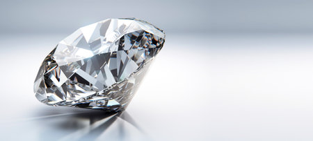 Diamond is a rare precious natural geological stone on a white background in low key. Fashionable jewelry elegant decoration. AI generated. Header banner mockup with space.の素材