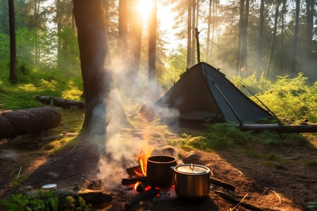 A tent in the forest in the summer by a fire with a pot from which steam comes from food. Camping in nature, active tourism. AI generated.の素材