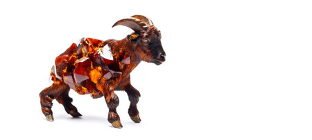 Wild rocky goat in stones on a white background of gems, isolate. Animals in nature, sculpture. AI generated. Header banner mockup with space.の素材