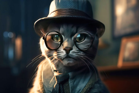 Cat gentleman in a suit, tie, hat and glasses on a black background. Scientist Cat from Fantastic Fantasy. AI generated.の素材