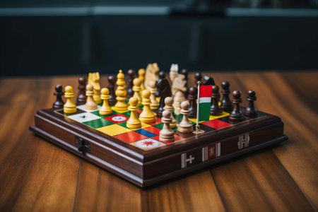 Political board intellectual game chess with country flags. Playing positions of countries. Wooden figures. Hobbies and mind development. AI generated.の素材
