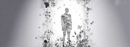 Health Day, black and white concept image of a man from grass, flowers. Body care symbol. AI generated. Header banner mockup with space.の素材