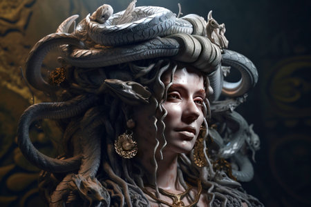 Gorgon Medusa is a mythological woman, a creature from legends. Stone sculpture on a pedestal in a museum at an exhibition. AI generated.の素材