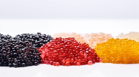 Black, yellow and pink sturgeon caviar in bulk on a white background. Elite exotic delicacy. AI generated.の素材