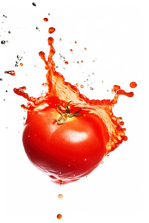 Splash with splatter from juice from a tomato on a white background. Vitamins, healthy food. Advertising wallpaper. AI generated.の素材