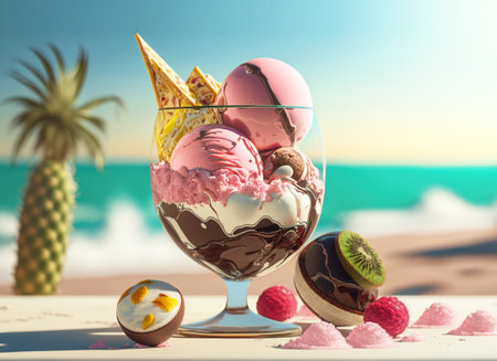 Dish with colored balls of ice cream with nuts and chocolate chips. Dessert made from milk and exotic fruits. AI generated.の素材